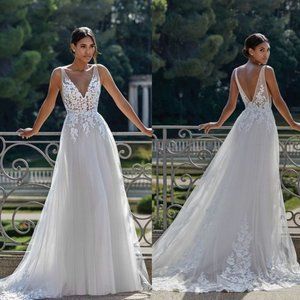 sincerity 44149LND Deep V-Neckline Lace Tulle Bridal Gown A Line Wedding Dress